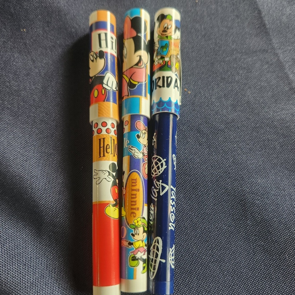 Vintage Disney Pen Set of 3 Mickey Minne National Design Corp Black Ink Lids
